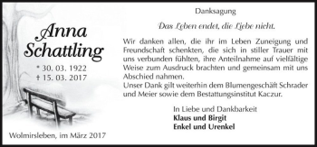 Traueranzeige von Anna Schattling  von Magdeburger Volksstimme