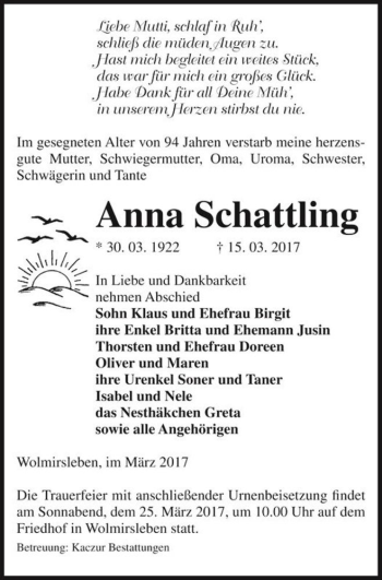 Traueranzeige von Anna Schattling  von Magdeburger Volksstimme