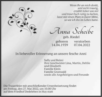 Traueranzeige von Anna Scheibe (geb. Riedel)  von Magdeburger Volksstimme