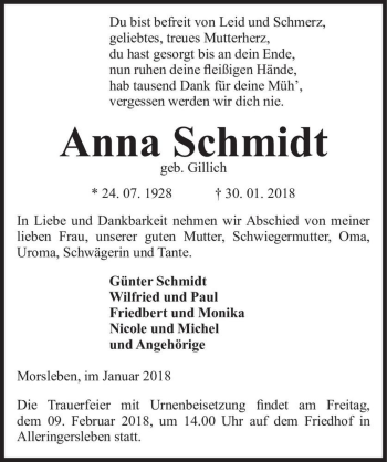 Traueranzeige von Anna Schmidt (geb. Gillich)  von Magdeburger Volksstimme