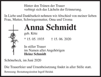 Traueranzeige von Anna Schmidt (geb. Kötz)  von Magdeburger Volksstimme