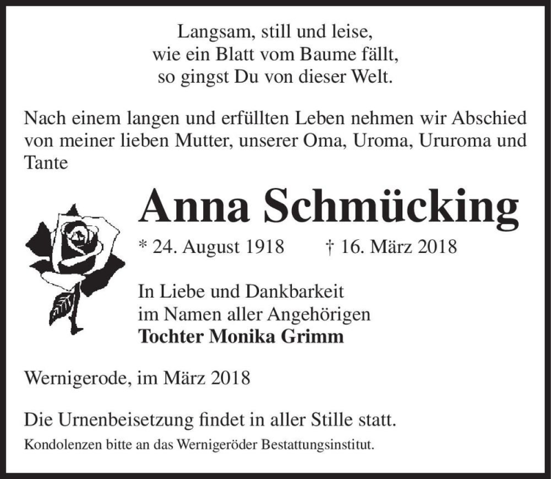  Traueranzeige für Anna Schmücking  vom 21.03.2018 aus Magdeburger Volksstimme