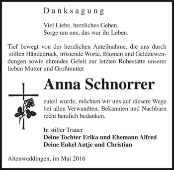 Traueranzeige von Anna Schnorrer  von Magdeburger Volksstimme
