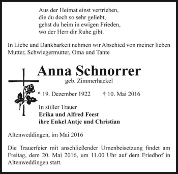Traueranzeige von Anna Schnorrer (geb. Zimmerhackel)  von Magdeburger Volksstimme