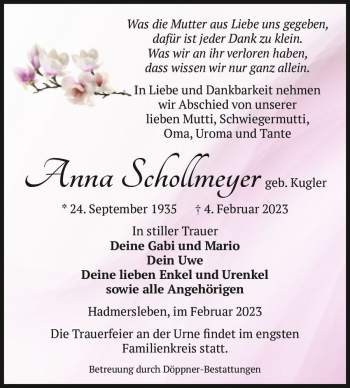 Traueranzeige von Anna Schollmeyer (geb. Kugler)  von Magdeburger Volksstimme