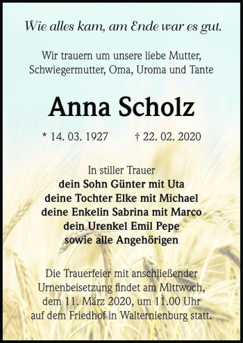 Traueranzeige von Anna Scholz  von Magdeburger Volksstimme