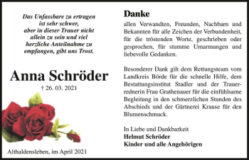 Traueranzeige von Anna Schröder  von Magdeburger Volksstimme