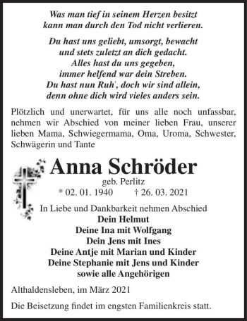 Traueranzeige von Anna Schröder (geb. Perlitz)  von Magdeburger Volksstimme