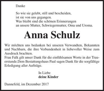 Traueranzeige von Anna Schulz  von Magdeburger Volksstimme
