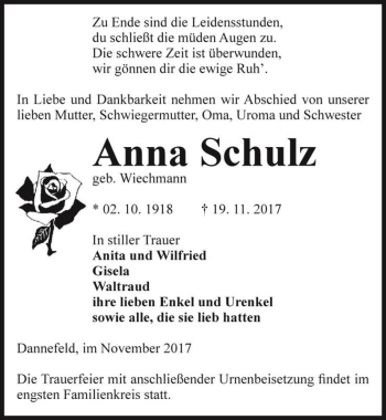 Traueranzeige von Anna Schulz (geb. Wiechmann)  von Magdeburger Volksstimme