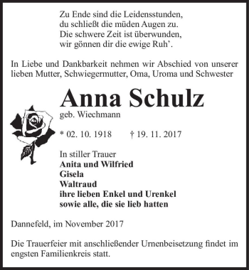 Traueranzeige von Anna Schulz (geb. Wiechmann)  von Magdeburger Volksstimme