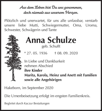 Traueranzeige von Anna Schulze (geb. Schufft)  von Magdeburger Volksstimme