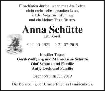 Traueranzeige von Anna Schütte (geb. Korell)  von Magdeburger Volksstimme