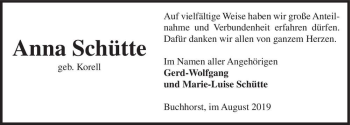 Traueranzeige von Anna Schütte (geb. Korell)  von Magdeburger Volksstimme