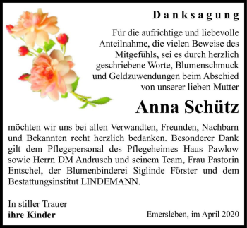 Traueranzeige von Anna Schütz  von Magdeburger Volksstimme