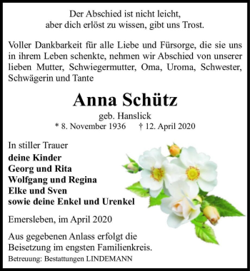 Traueranzeige von Anna Schütz (geb. Hanslick)  von Magdeburger Volksstimme