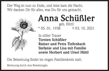 Traueranzeige von Anna Schüßler (geb. Hüttl)  von Magdeburger Volksstimme