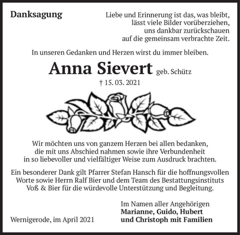  Traueranzeige für Anna Sievert (geb. Schütz)  vom 17.04.2021 aus Magdeburger Volksstimme