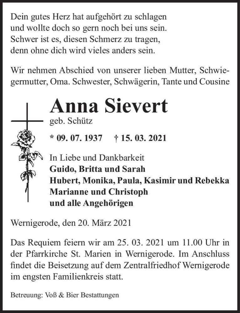  Traueranzeige für Anna Sievert (geb. Schütz)  vom 20.03.2021 aus Magdeburger Volksstimme
