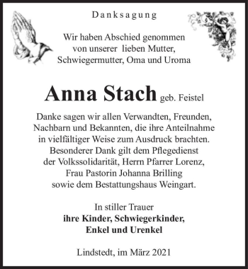 Traueranzeige von Anna Stach (geb. Feistel)  von Magdeburger Volksstimme
