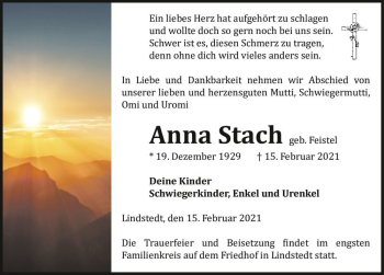 Traueranzeige von Anna Stach (geb. Feistel)  von Magdeburger Volksstimme