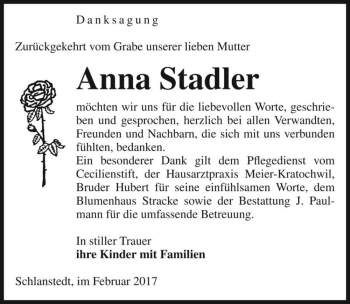 Traueranzeige von Anna Stadler  von Magdeburger Volksstimme