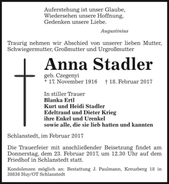 Traueranzeige von Anna Stadler (geb. Czegenyi)  von Magdeburger Volksstimme
