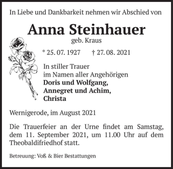 Traueranzeige von Anna Steinhauer (geb. Kraus)  von Magdeburger Volksstimme