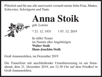 Traueranzeige von Anna Stoik (geb. Lorenz)  von Magdeburger Volksstimme
