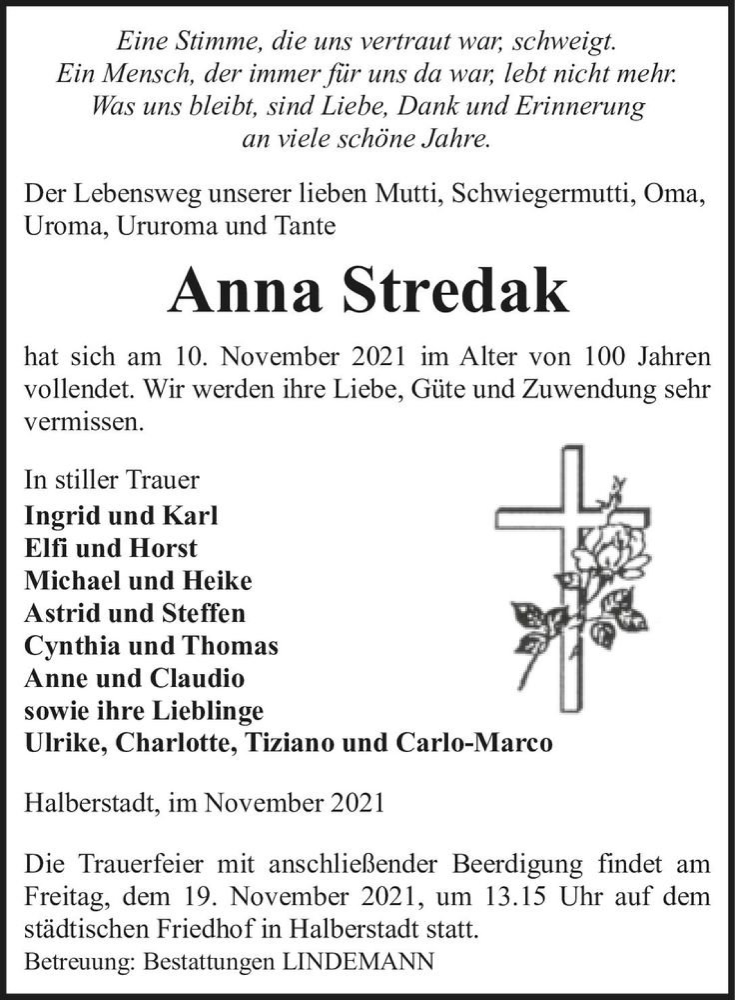  Traueranzeige für Anna Stredak  vom 13.11.2021 aus Magdeburger Volksstimme