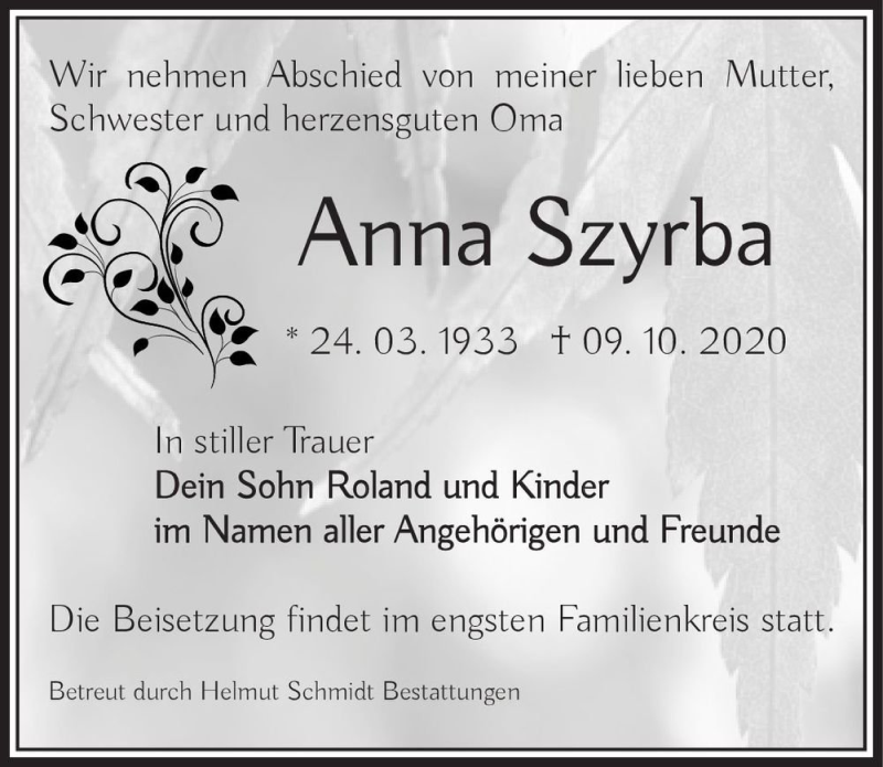  Traueranzeige für Anna Szyrba  vom 14.11.2020 aus Magdeburger Volksstimme