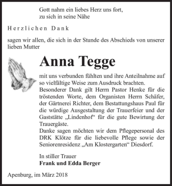 Traueranzeige von Anna Tegge  von Magdeburger Volksstimme