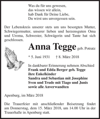 Traueranzeige von Anna Tegge (geb. Potratz)  von Magdeburger Volksstimme