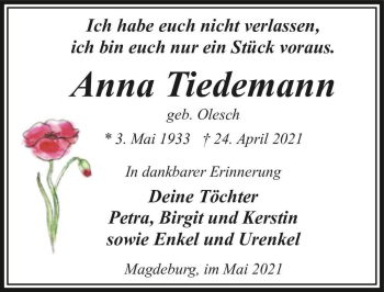 Traueranzeige von Anna Tiedemann (geb. Olesch)  von Magdeburger Volksstimme