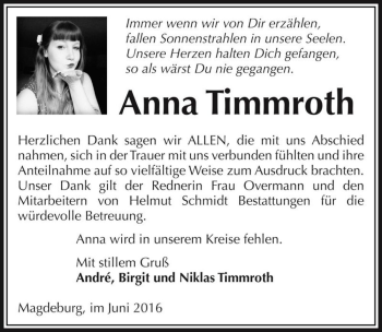 Traueranzeige von Anna Timmroth  von Magdeburger Volksstimme