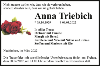 Traueranzeige von Anna Triebich  von Magdeburger Volksstimme