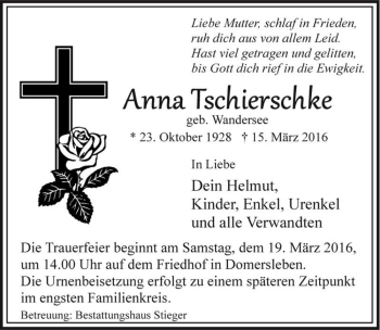 Traueranzeige von Anna Tschierschke (geb. Wandersee)  von Magdeburger Volksstimme
