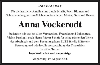 Traueranzeige von Anna Vockerodt  von Magdeburger Volksstimme