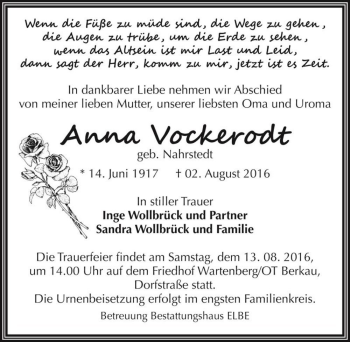 Traueranzeige von Anna Vockerodt (geb. Nahrstedt)  von Magdeburger Volksstimme