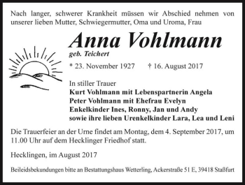 Traueranzeige von Anna Vohlmann (geb. Teichert)  von Magdeburger Volksstimme