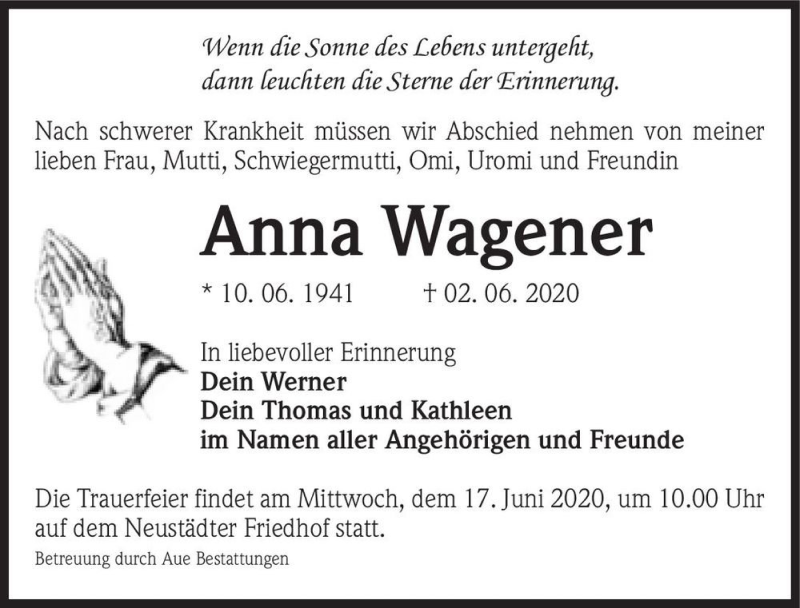  Traueranzeige für Anna Wagener  vom 13.06.2020 aus Magdeburger Volksstimme