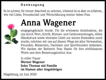 Traueranzeige von Anna Wagener  von Magdeburger Volksstimme