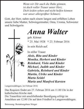 Traueranzeige von Anna Walter (geb. Körner)  von Magdeburger Volksstimme