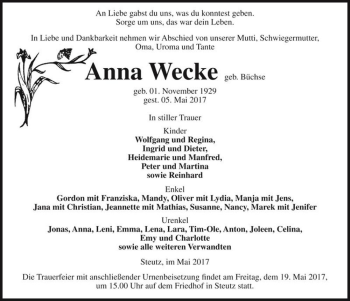 Traueranzeige von Anna Wecke (geb. Büchse)  von Magdeburger Volksstimme