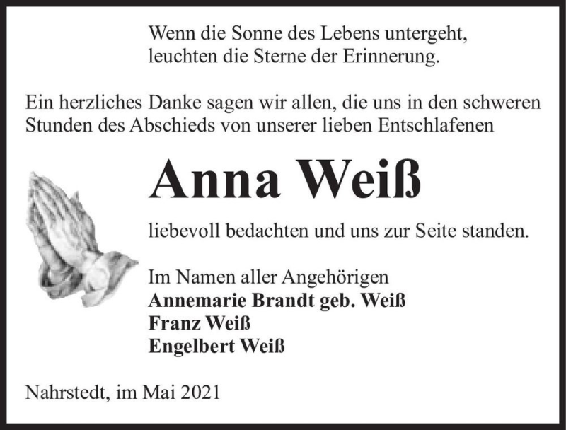  Traueranzeige für Anna Weiß  vom 20.05.2021 aus Magdeburger Volksstimme