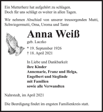 Traueranzeige von Anna Weiß (geb. Laczko)  von Magdeburger Volksstimme
