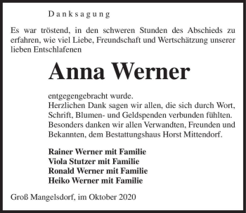 Traueranzeige von Anna Werner  von Magdeburger Volksstimme