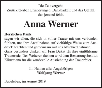 Traueranzeige von Anna Werner  von Magdeburger Volksstimme