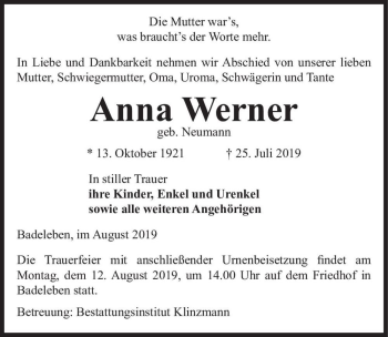 Traueranzeige von Anna Werner (geb. Neumann)  von Magdeburger Volksstimme