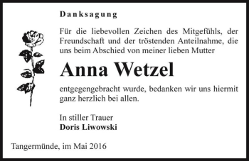 Traueranzeige von Anna Wetzel  von Magdeburger Volksstimme
